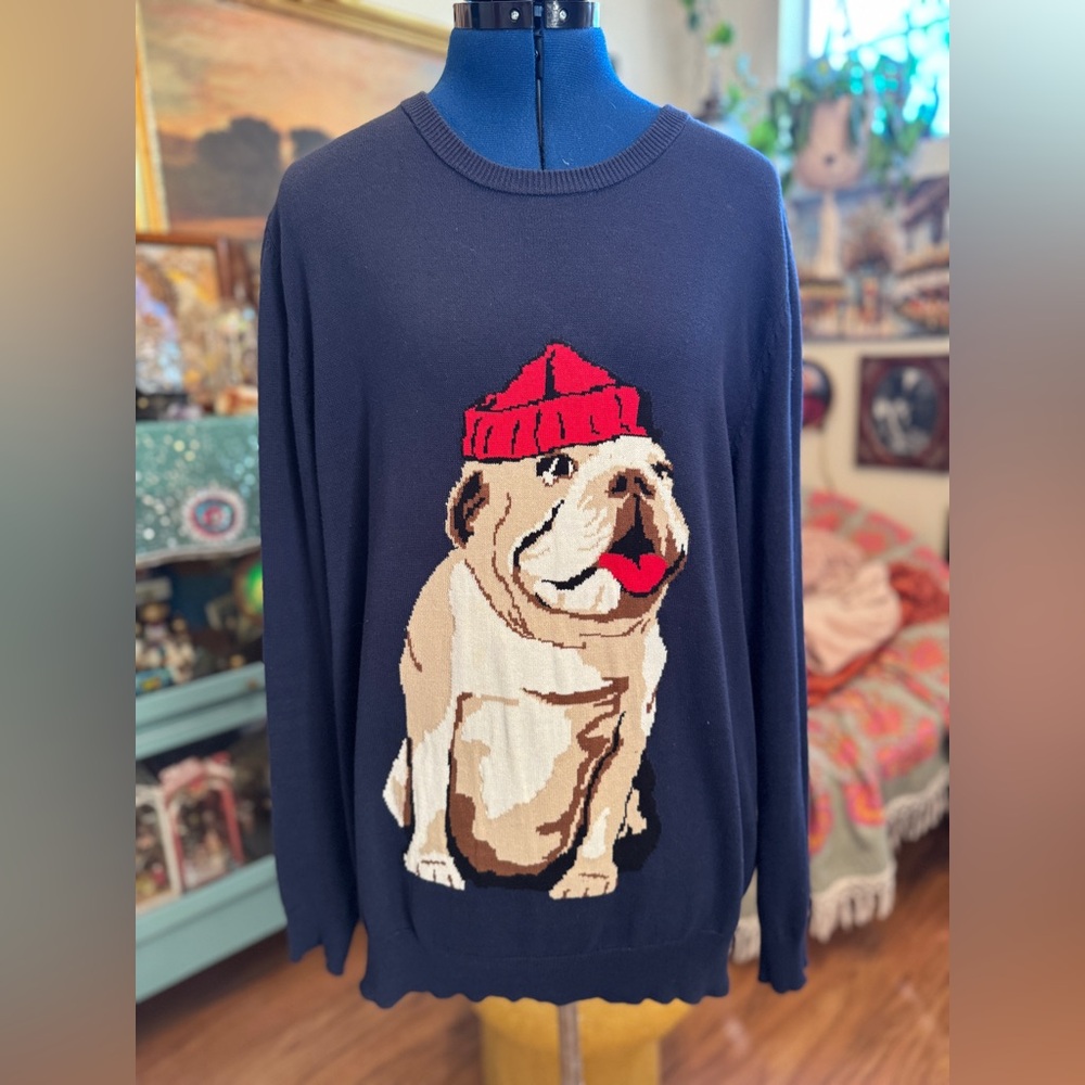 Club Room 100% Cotton Navy Bulldog Sweater